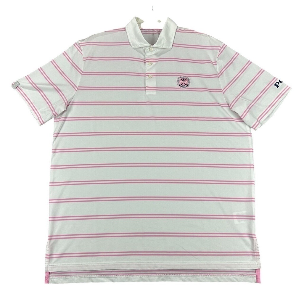 Ralph Lauren RLX Mens Golf Polo Shirt Large Striped White Pink Logo Patches